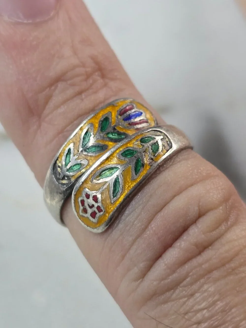 Womens Vintage Estate Sterling Silver Floral Enamel Siam Ring 2.3g E4143